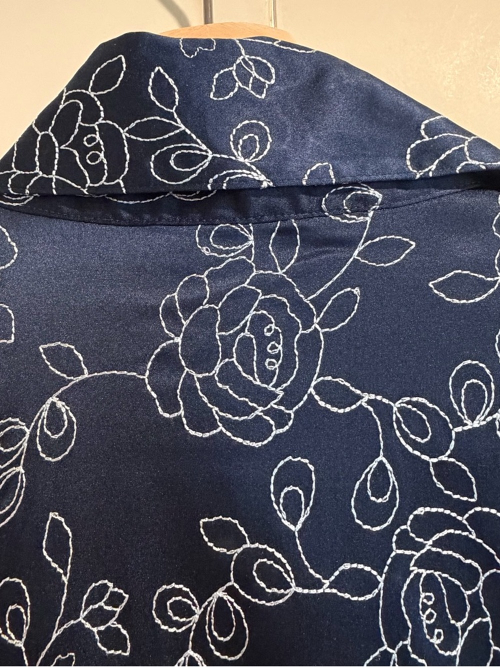 bebe Amanda Navy Floral Embroidered Stretch Silk Button-Down Shirt - Picture 9 of 11